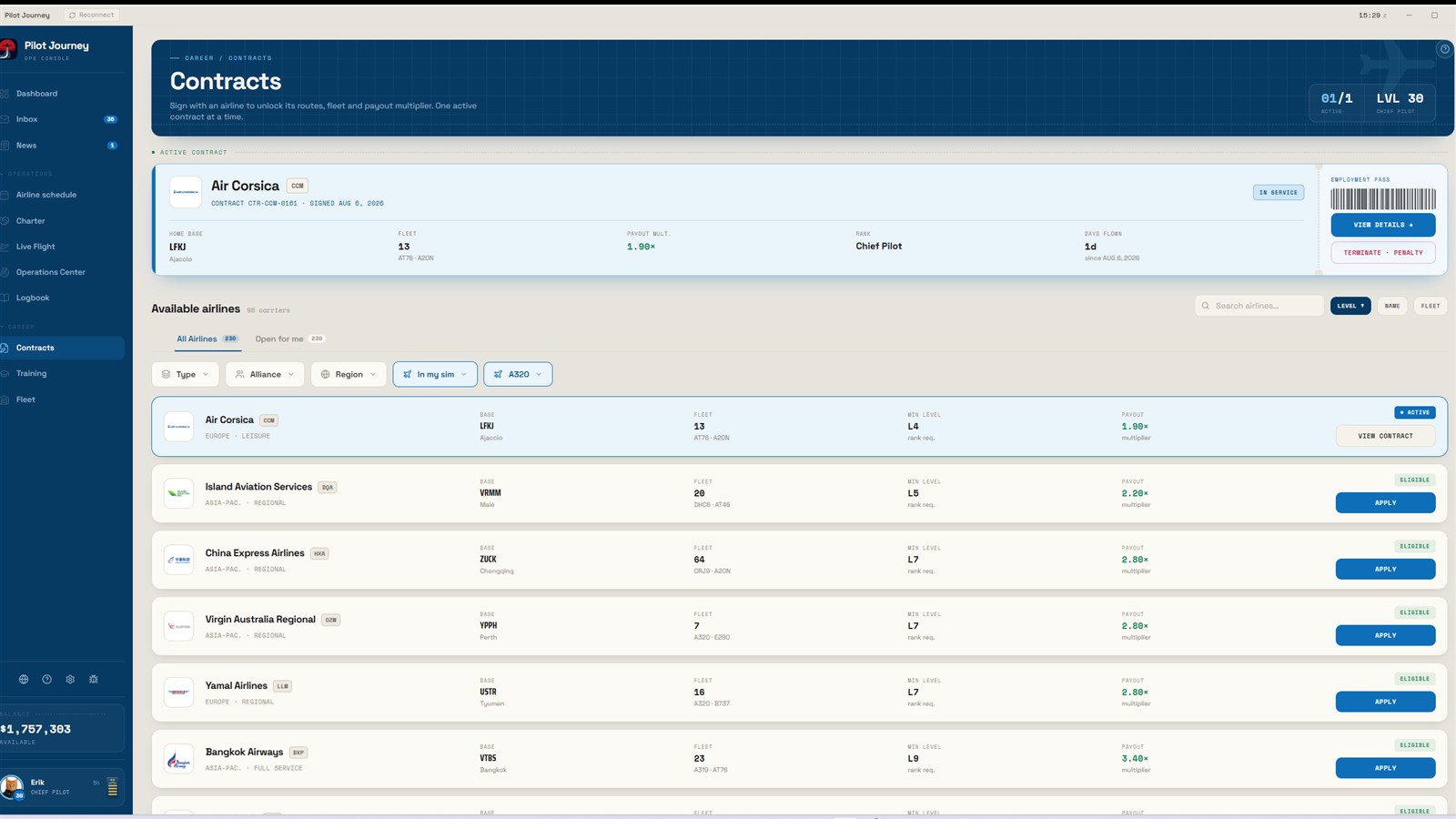 Pilot Journey contracts view with active airline agreement and available career options