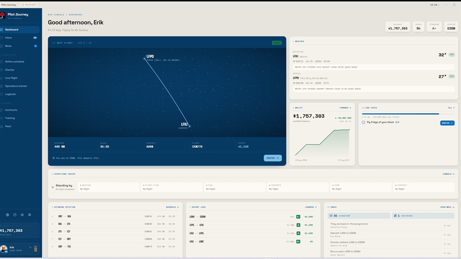 Pilot Journey command dashboard with a live route, weather, finances and next flight