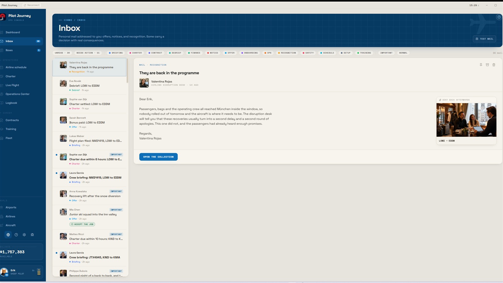 Pilot Journey inbox with airline recognition, dispatch messages and career events