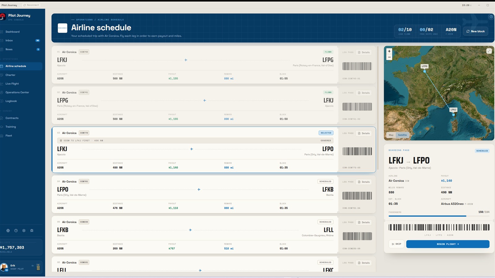 Pilot Journey airline schedule with routes, boarding passes and an operation map