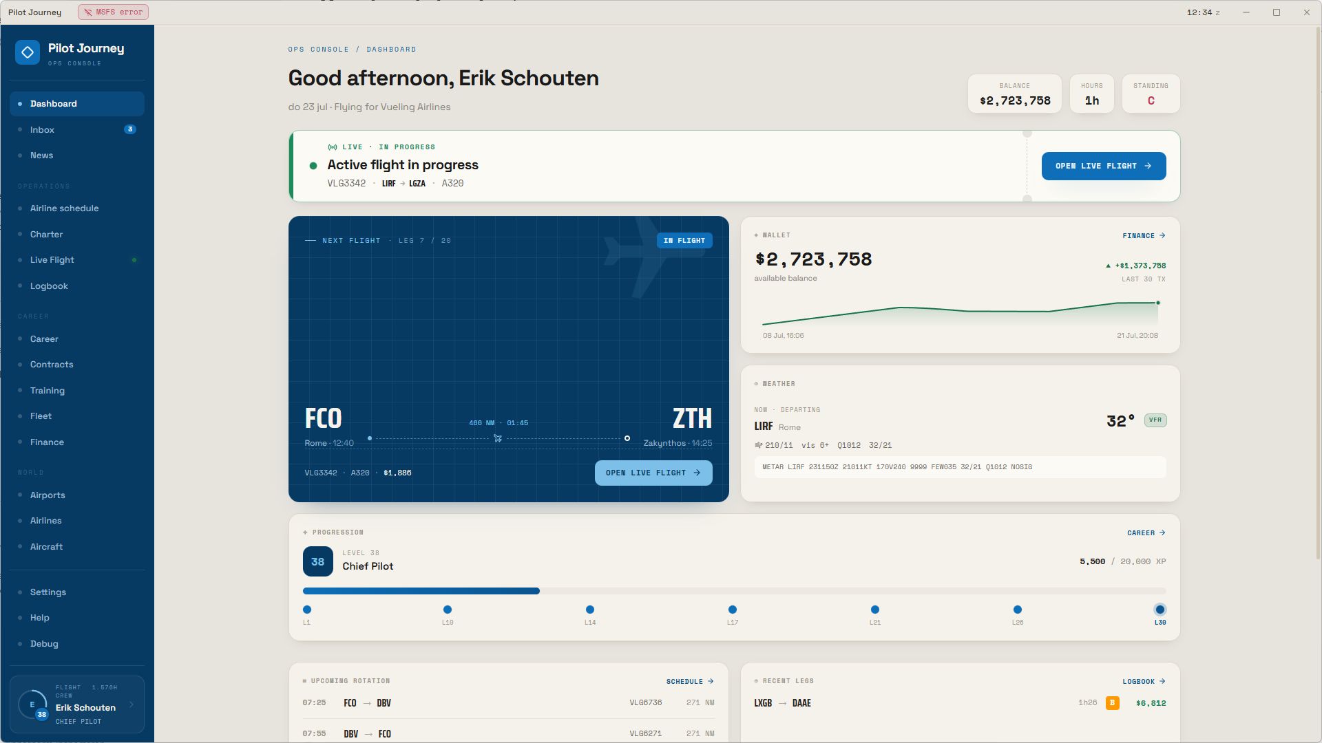 Actual Pilot Journey dashboard showing an active Vueling flight, wallet, weather and career progression
