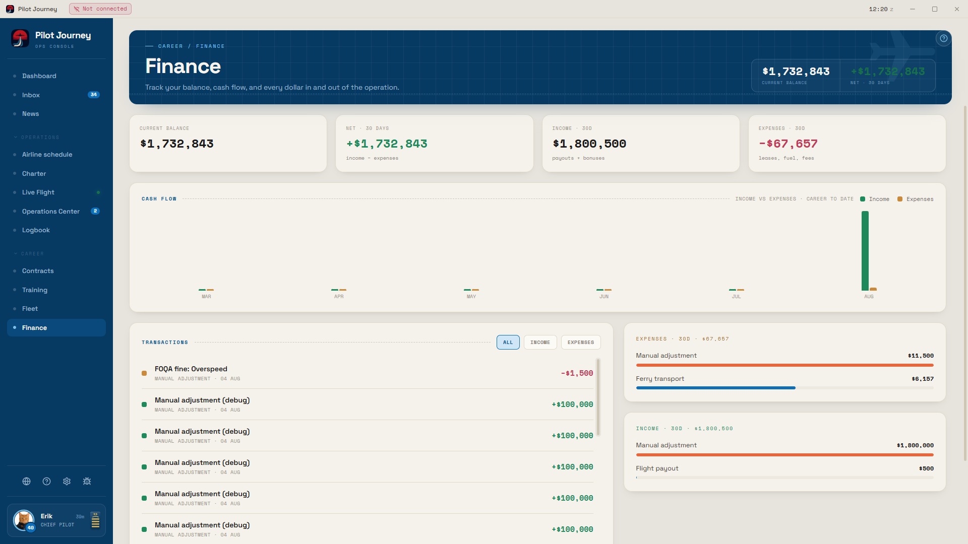 Pilot Journey finance view with career cash flow, transactions and payout history