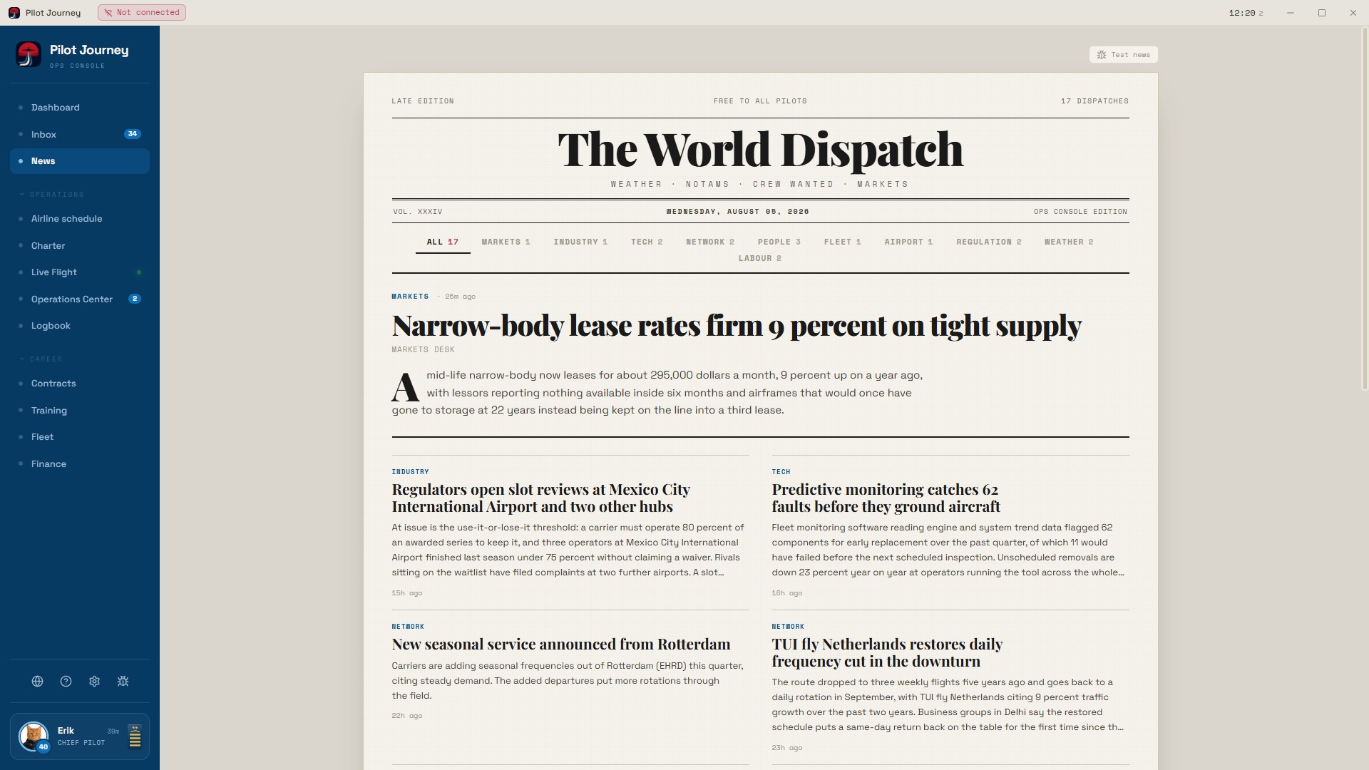 Pilot Journey World Dispatch news feed with airline stories, market events and career headlines