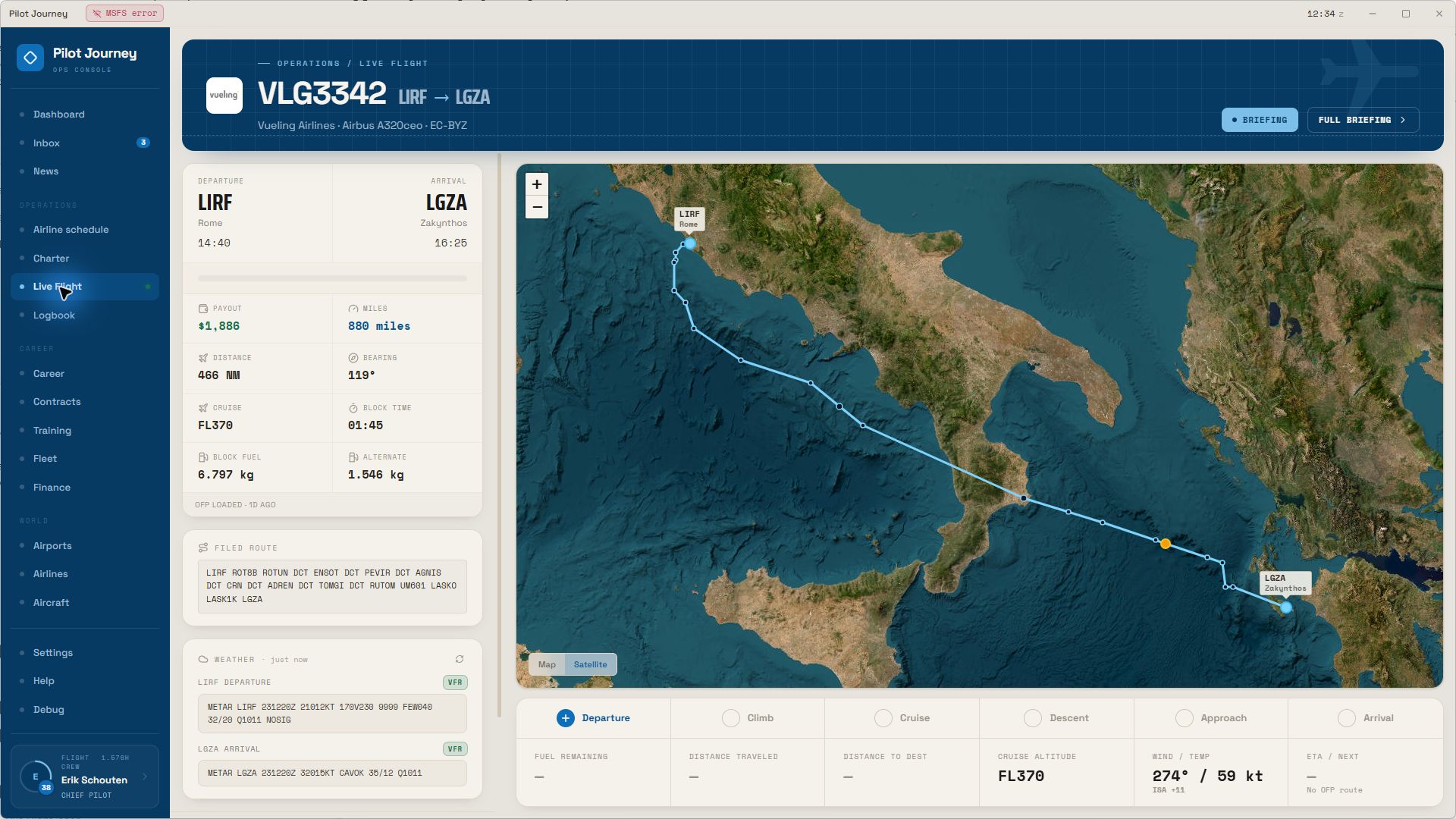 Actual Pilot Journey Live Flight screen showing VLG3342 from Rome to Zakynthos